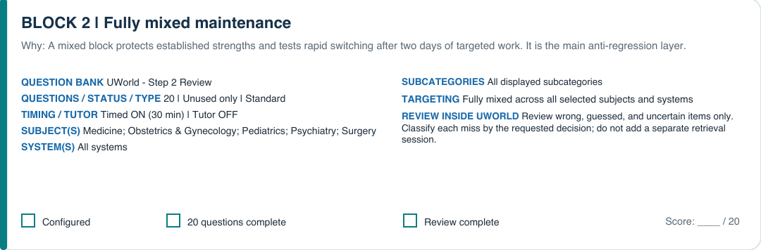Actual fully mixed maintenance block: 20 unused UWorld questions across all selected subjects and systems. Specific topic counts are not prescribed.